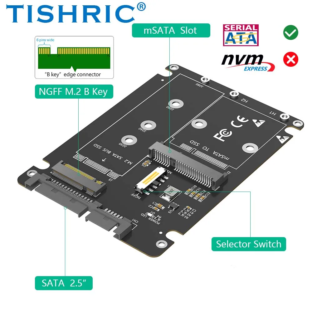 TISHRIC 2 in 1 Adapter Card M.2 NGFF key B & MSATA SSD to  2.5 SATA Converter With Plastic Enclosure for Full Size mSATA SSD