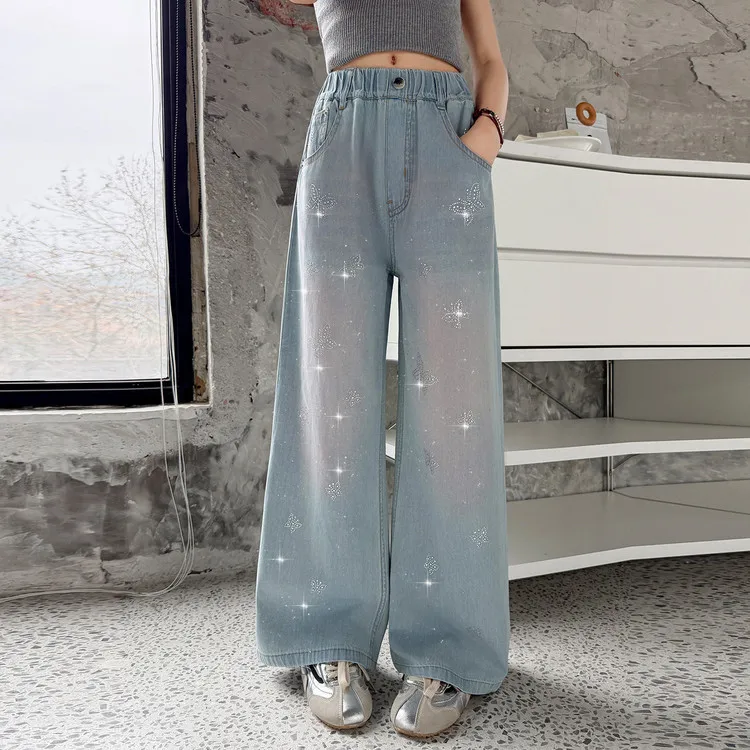 Girls' Spring Floor-length Embroidered Rhinestone Jeans Light Blue Straight-leg Trendy Soft Slimming Denim Pants Kids Clothing