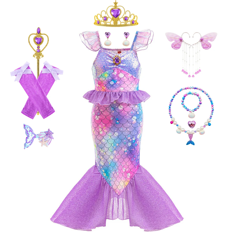 Girls Mermaid Princess Dress Up Ombre Scale Sequin Mermaid Tail Gown with Accessories for Kids Halloween Cosplay Birthday Party