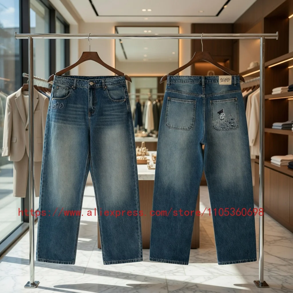 Real Photo DERSCHUTZE Men's Blue Washed Wide Leg Jeans Vintage Figure Embroidery Pocket Streetwear Loose Denim Pants