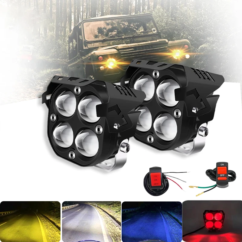 

Motorcycle Driving Lights LED Fog Lights Amber & White Beams with Red & Blue DRL Off-Road Auxiliary Spotlights For Truck ATV 12V