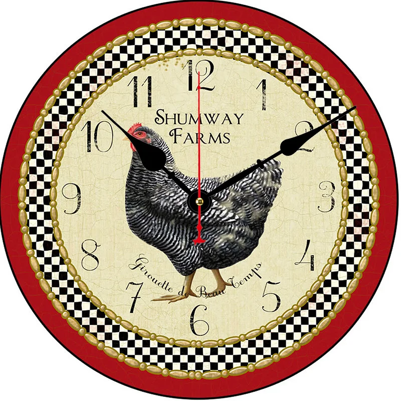 Reloj de pared redondo Vintage de gallina de granja, sala de estar, dormitorio, cocina, decoración del hogar, reloj de pared, reloj de cuarzo silencioso, artículos de decoración del hogar