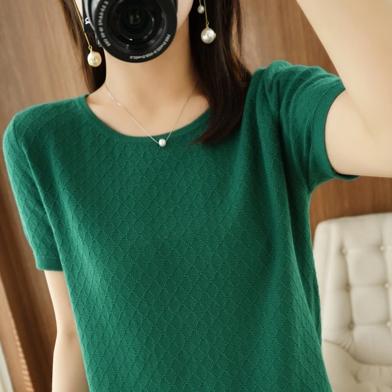 Women\'s T-shirt Spring/Summer 100% Cotton Sweater Short Sleeve Casual Solid Round Neck Ladies Tops Loose Blouse Pullover Tees