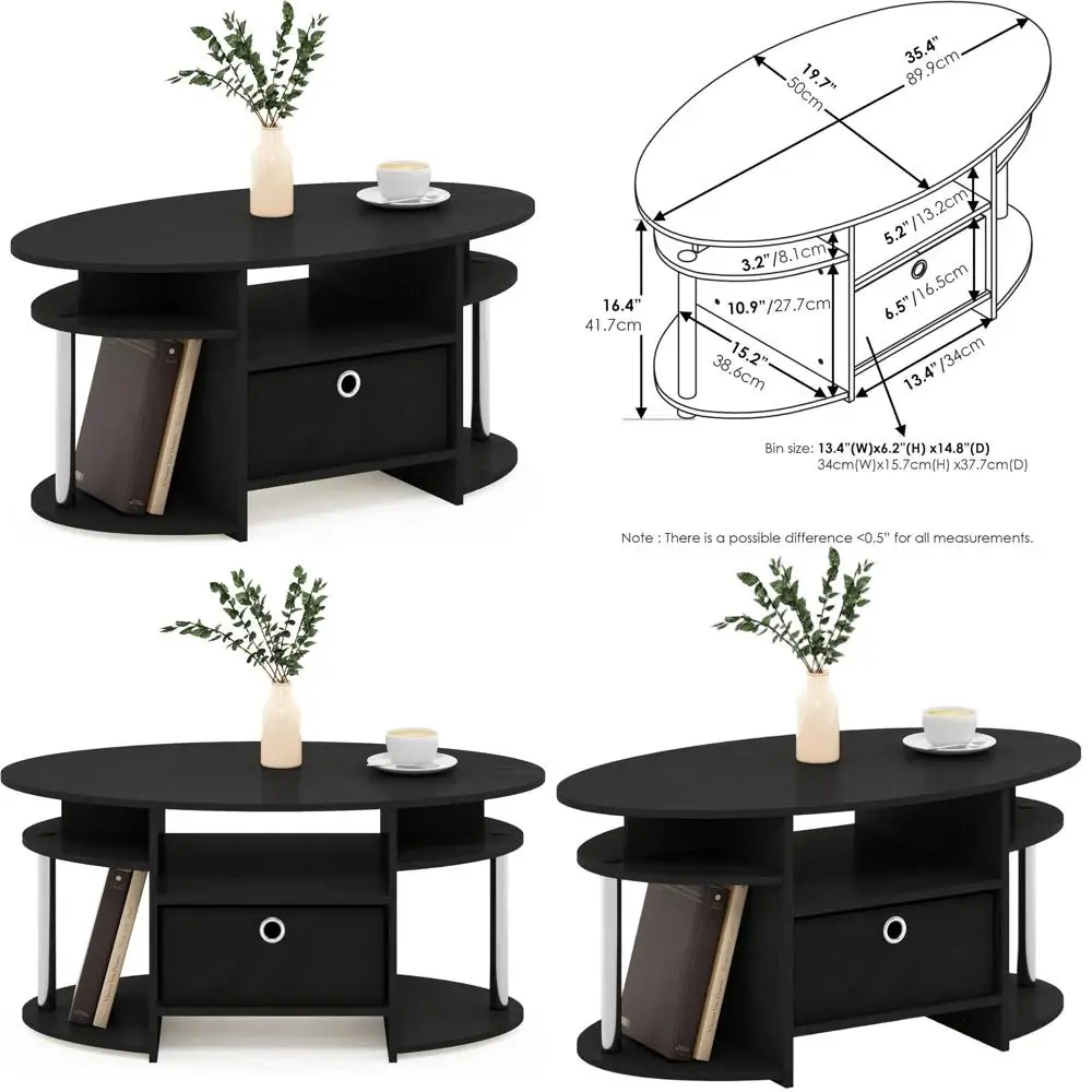 

Oval Living Room Coffee Table with Storage Bin, Americano/Chrome/Black, Simple Design