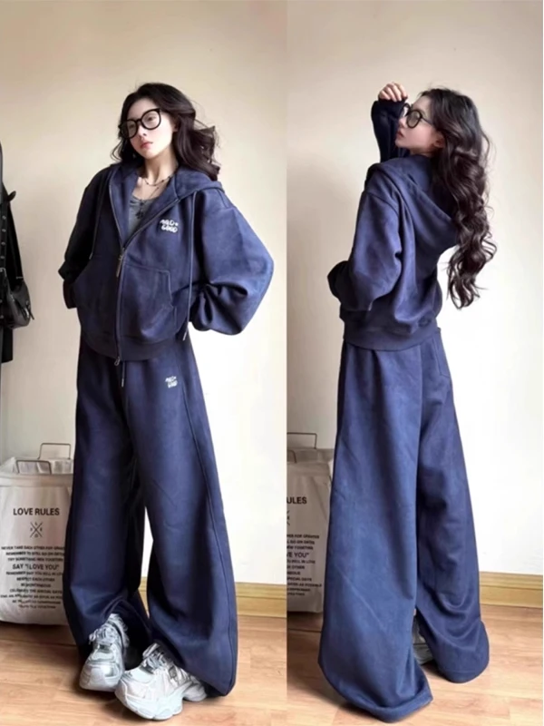 

Large Size 300 Pou American Retro Faion Sports Set ex Autumn Loose Sweatirt Wide Leg Pants Two Piece Set