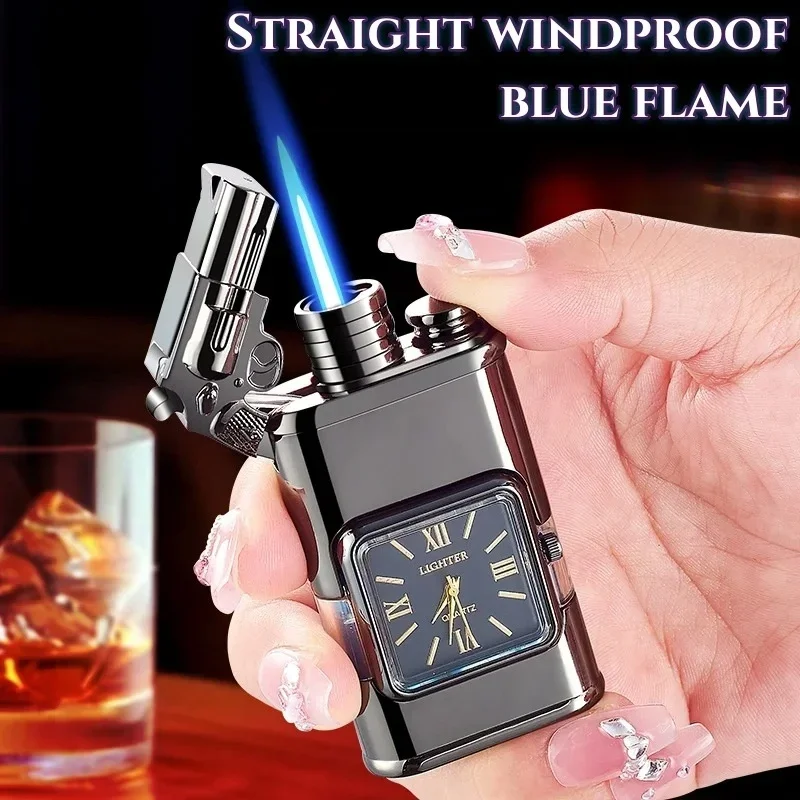 Crocodile Clock Double Flame Creative Butane Gas Lighter Metal Convenient Outdoor Windproof Turbine Torch Jet Recycling Lighter