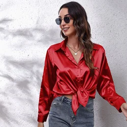 Women's Spring New Fashion Casual Street Button Shirt Satin Silk Top Elegant and Comfortable Long Sleeve Loose Shirt