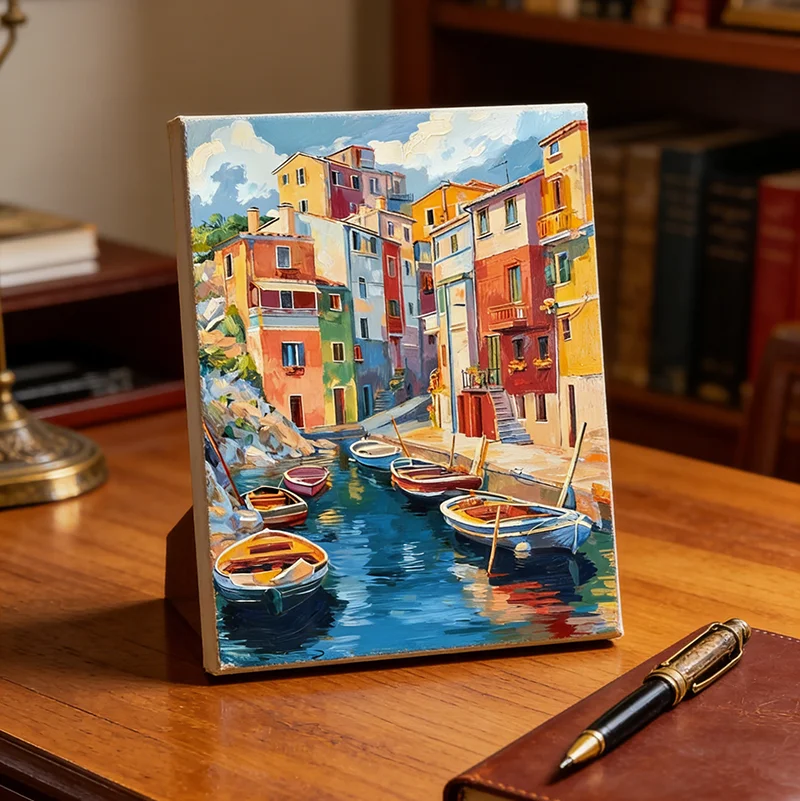 1PC 2D Mediterranean landscape painting - colorful houses and ships - framed without a frame - suitable for home decoration