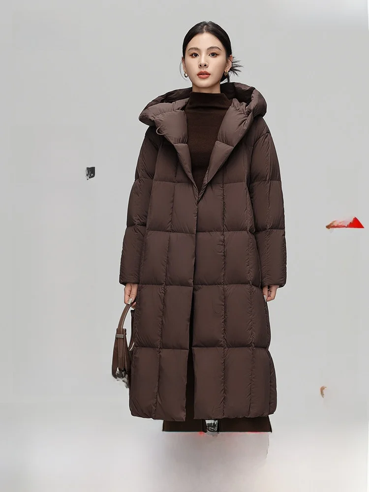 

Новая женская удлиненная куртка Snowy Flight 2026 Spring с капюшоном, на гусином пуху, теплая, мягкая, элегантная, для повседневной носки, из нейлоновой ткани, на молнии