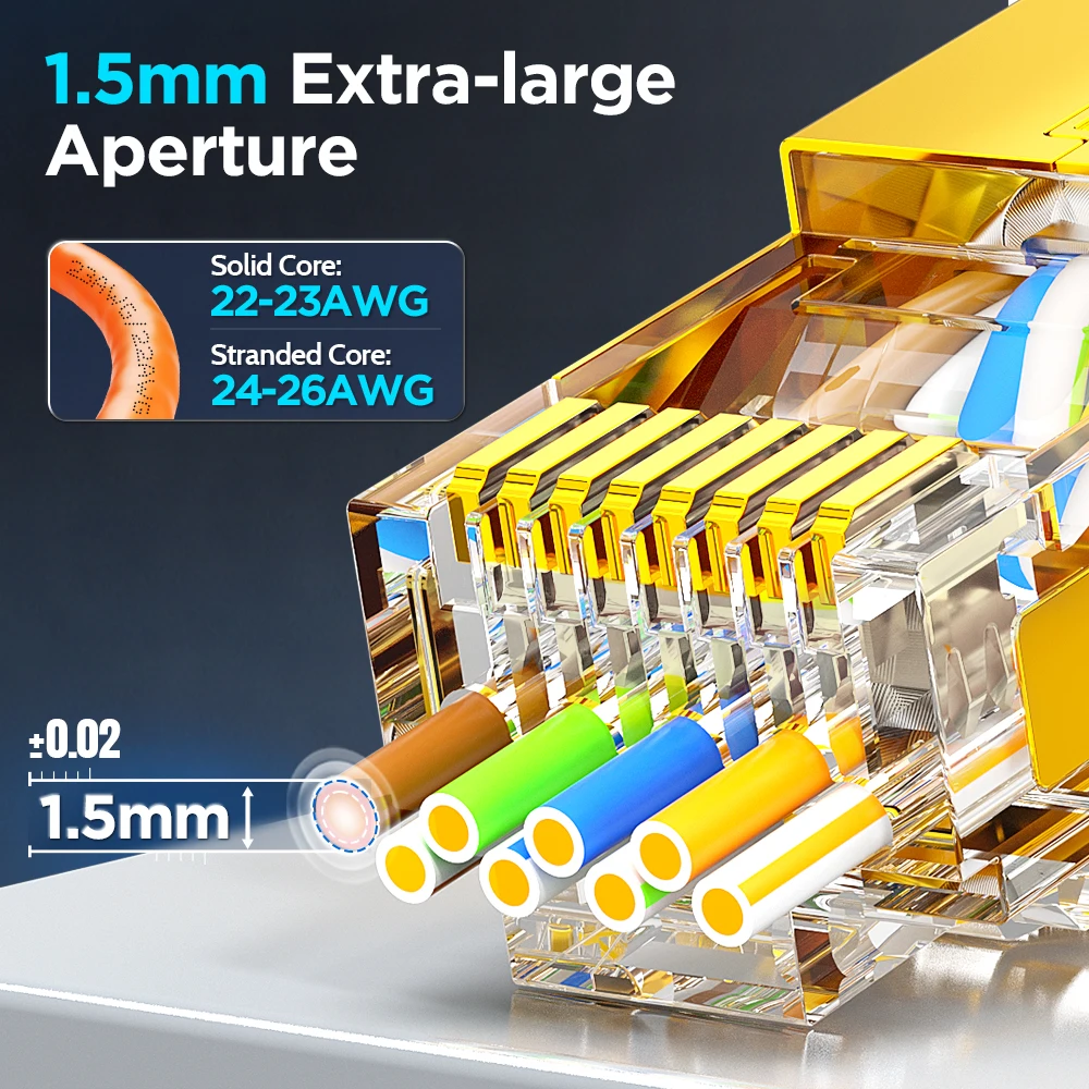 AMPCOM RJ45 Plug CAT6A Pass Through Shielded W/Load Bar 50/3U Gold Plated, Gold-Plated Copper Shell OD 1.5mm (22-26AWG), 6-50PCS
