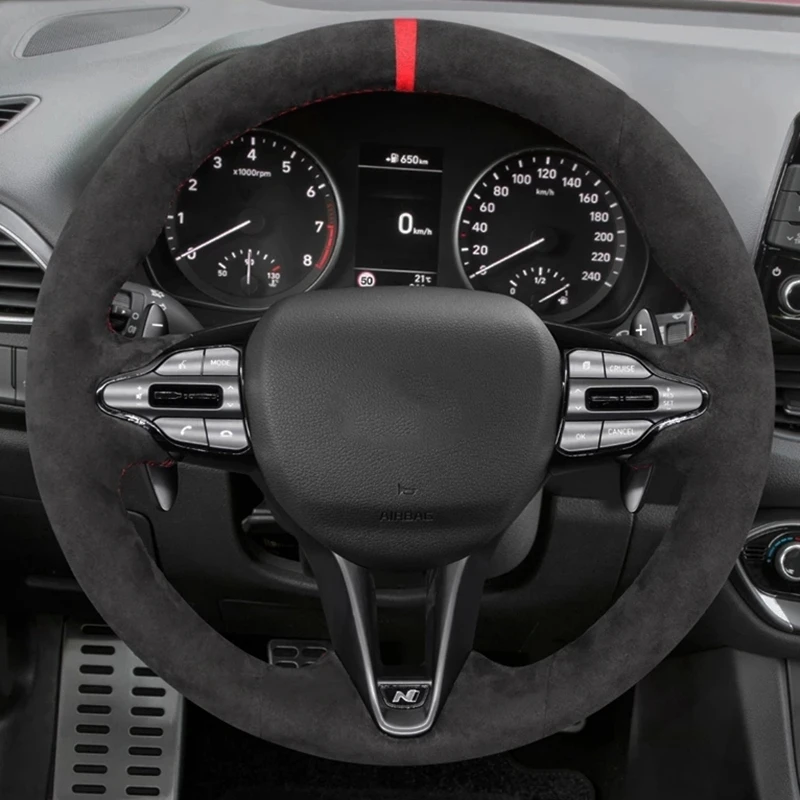 Customized Non-slip Black Suede Leather Braid Car Steering Wheel Cover For Hyundai Veloster N 2019-2021 i30 N 2018 2019 2020