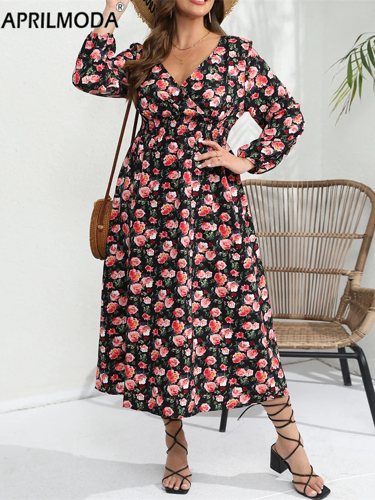 2024 Flower Print Midi Long Party Dress Full Sleeve Oversized Sundress A Line Retro Vintage Holiday Tunic Swing Dresses 4xl 5xl