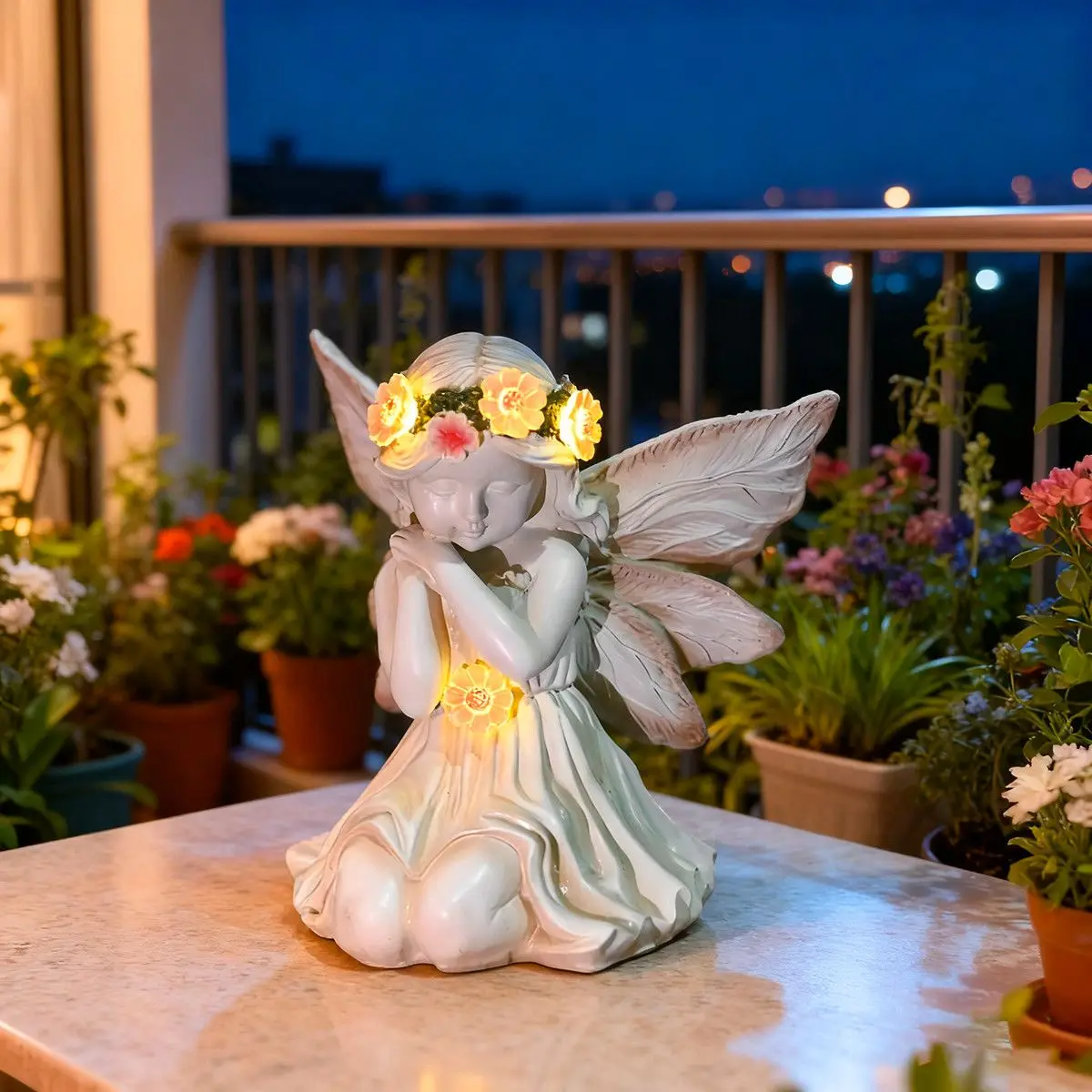 Solar Garden Fairy Statue with Flower Crown Outdoor Decor Angel Figurine Resin Sculpture Patio Yard Lawn Ornament Christmas Gift