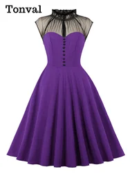 Tonval Stand Collar Button Front Mesh Patchwork Vintage Swing Dress Women Birthday Elegant Evening Party Dresses 2025 Spring