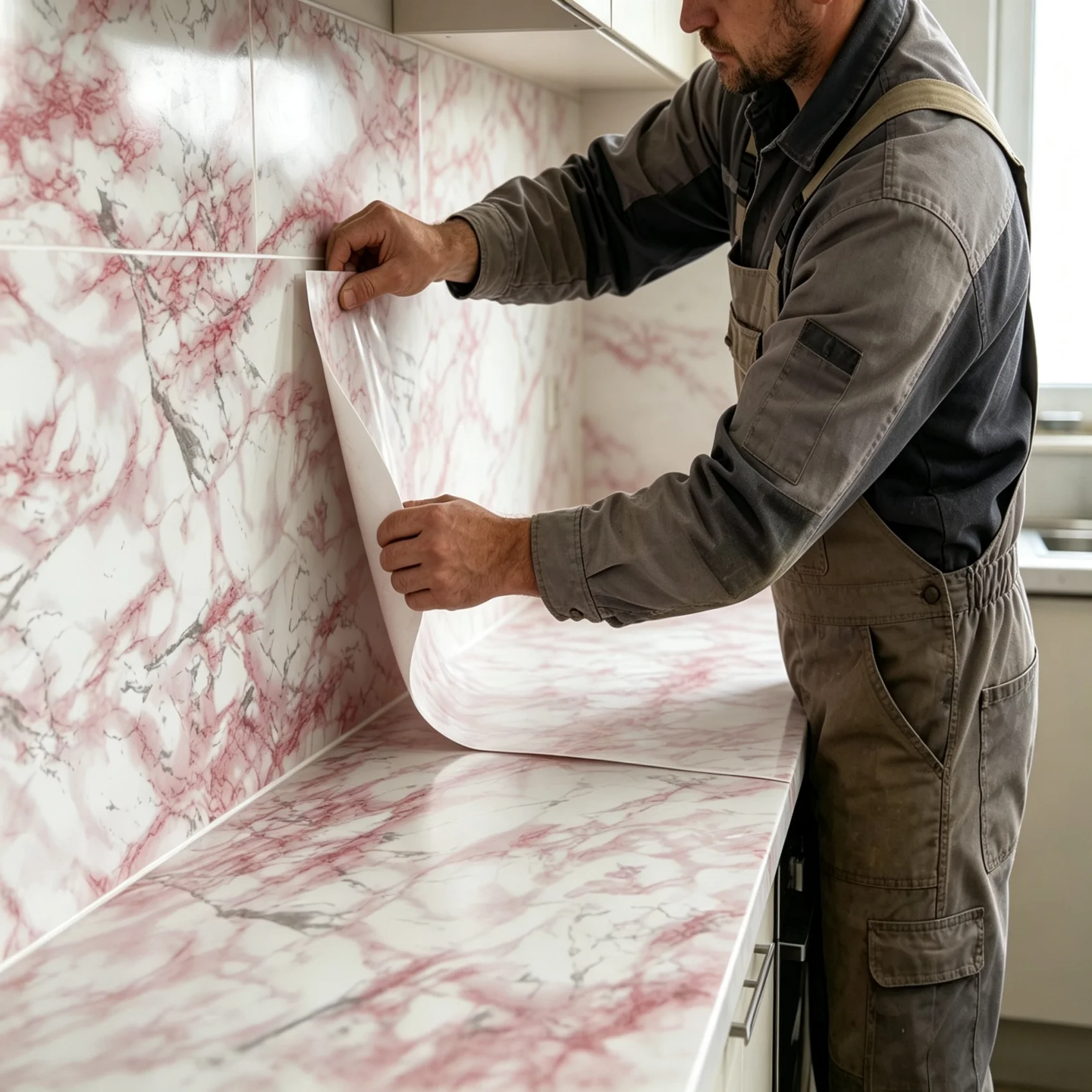 6m Glossy Pink Marble Waterproof Oilproof Peel and Stick Contact Paper Removable Self Adhesive Wallpaper for Kitchen Countertop