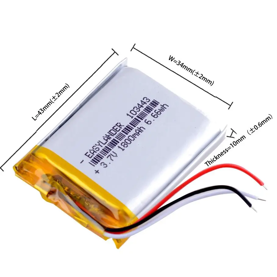 3Wires 3.7V 103443 1500mAh Rechargeable Lithium Li-ion Polymer Battery 503443 603443 703443 803443