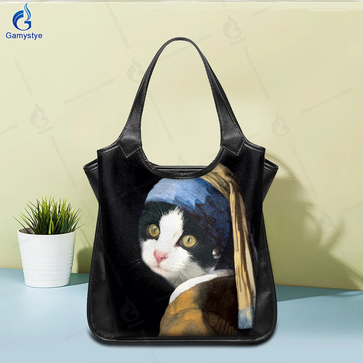 Art Hand-Painting Famous Oil Painting Pearls Girl Cat Customize Totes Cowhide Togo Leather Designer Totes Women purses handbags