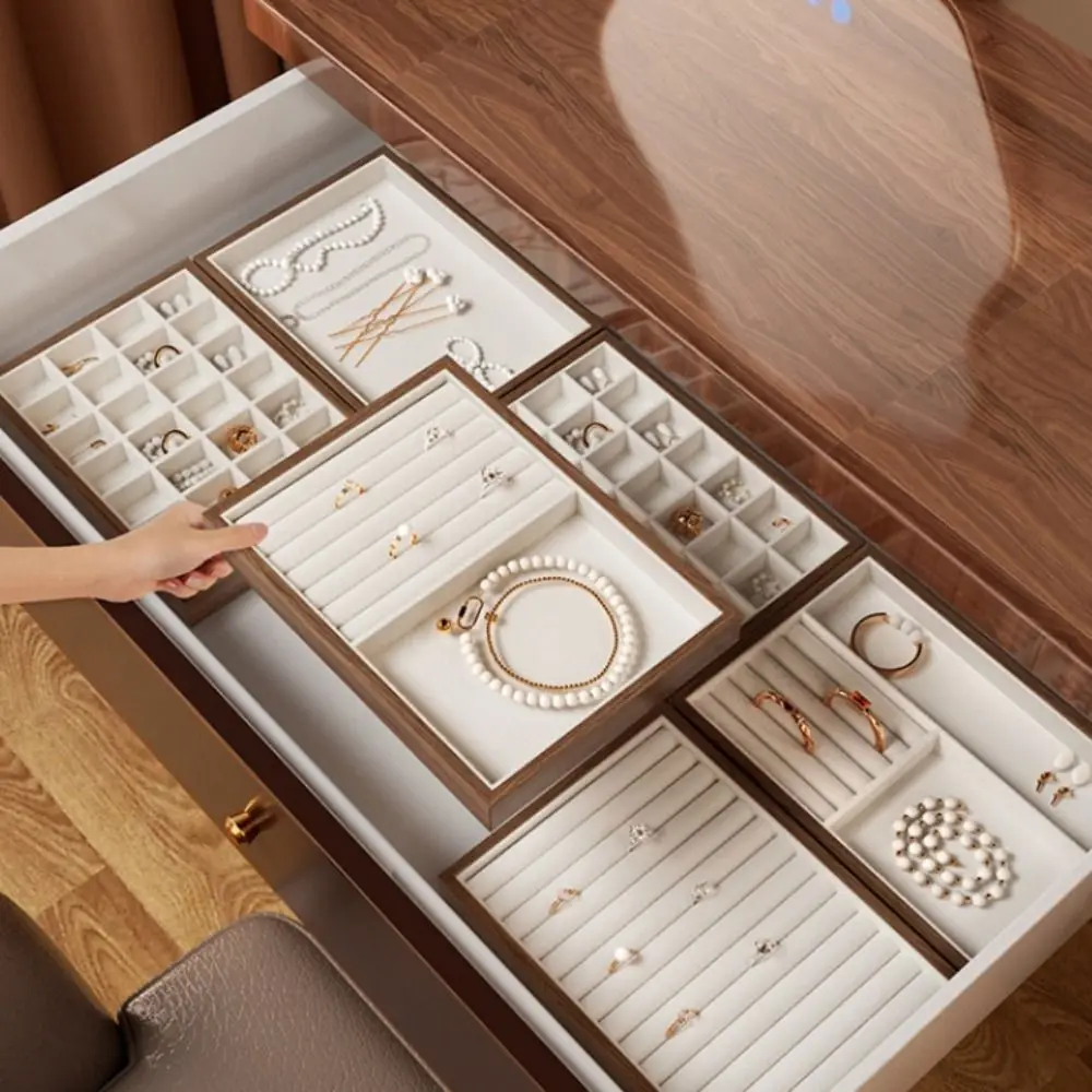 28 Grids Wood Rings Tray Exquisite Necklace Case Ring Earring Holder Jewlery Organizer Velvet Jewelry Display Tray
