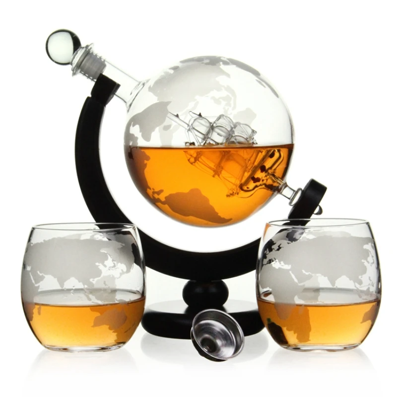 

New Product Glass Wine Whisky Globe Decanter With Two Whiskey Glass With Funnel