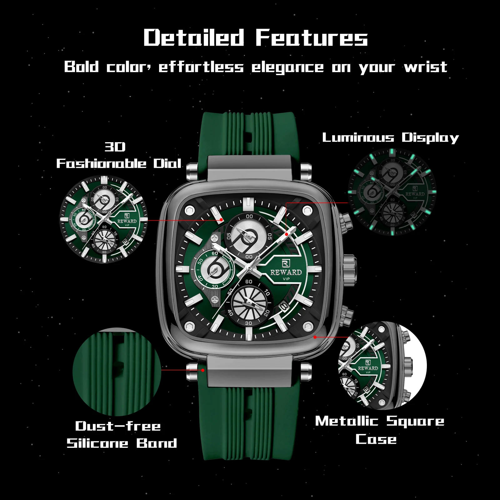 REWARD hottest square men\'s watch silicone band calendar chronograph fashion sport quartz watch men