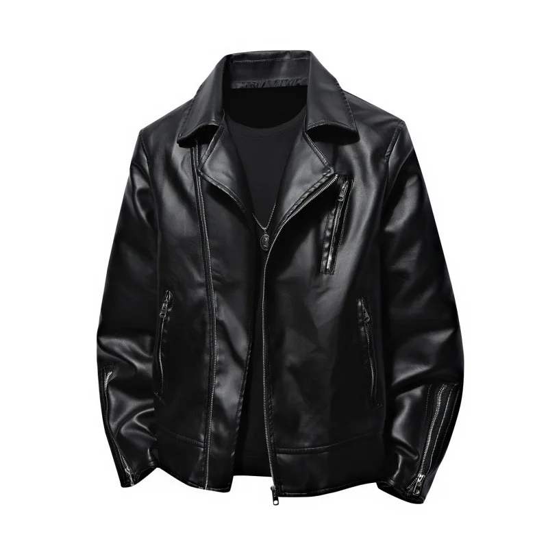 

Men Leather Jacket Autumn Vintage Motorcycle Punk Waterproof Male Cargo Coat Fashion Turn Down Collar Long Sleeve Man Outerwear