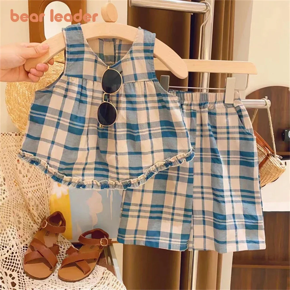 Bear Leader Girls' Set 2023 New Children's Summer New Round Neck Ruffled Plaid Sleeveless Tank Top+Shorts Kids' Two Piece Set