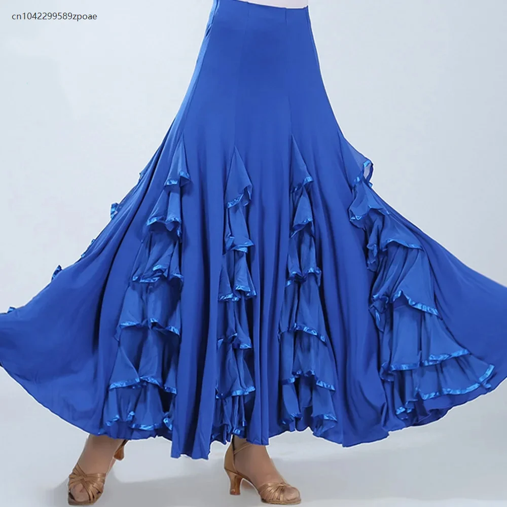 Falda de competición española Flamenco para mujer, falda de baile de salón, danza cuadrada, falda de práctica de Swing larga de baile estándar nacional