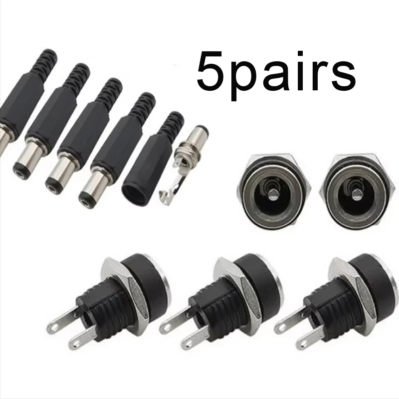 5 Pair DC 12V Male Female Socket Panel Mount Barrels Jack Plug Power Connector Female Jack Screw Nut Panel Mount Connector