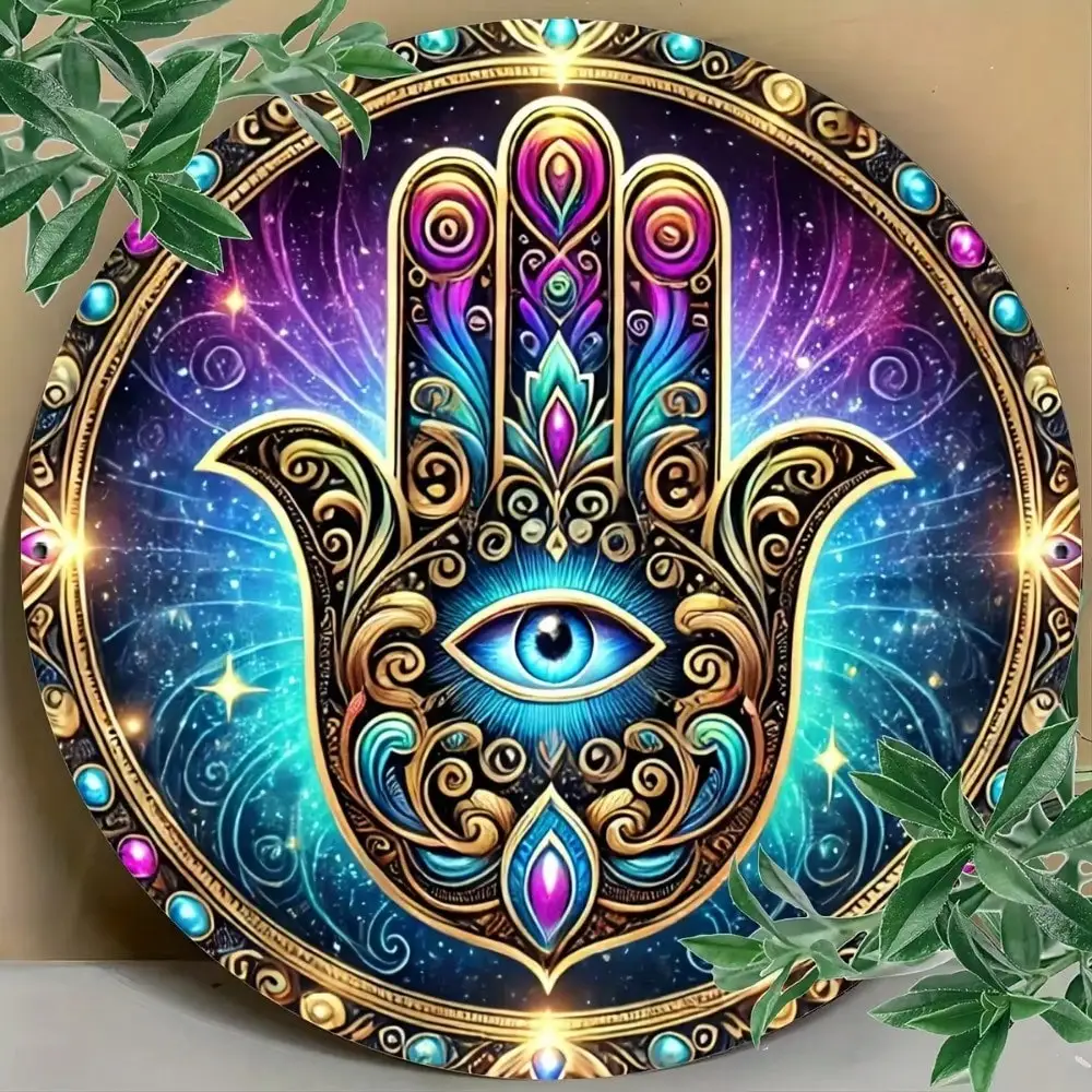 2D Flat Hamsa Hand with Evil Eye Round Tin Sign - Mystic Galaxy Bohemian Metal Wall Decor for Home, Yoga Studio, Spiritual Room