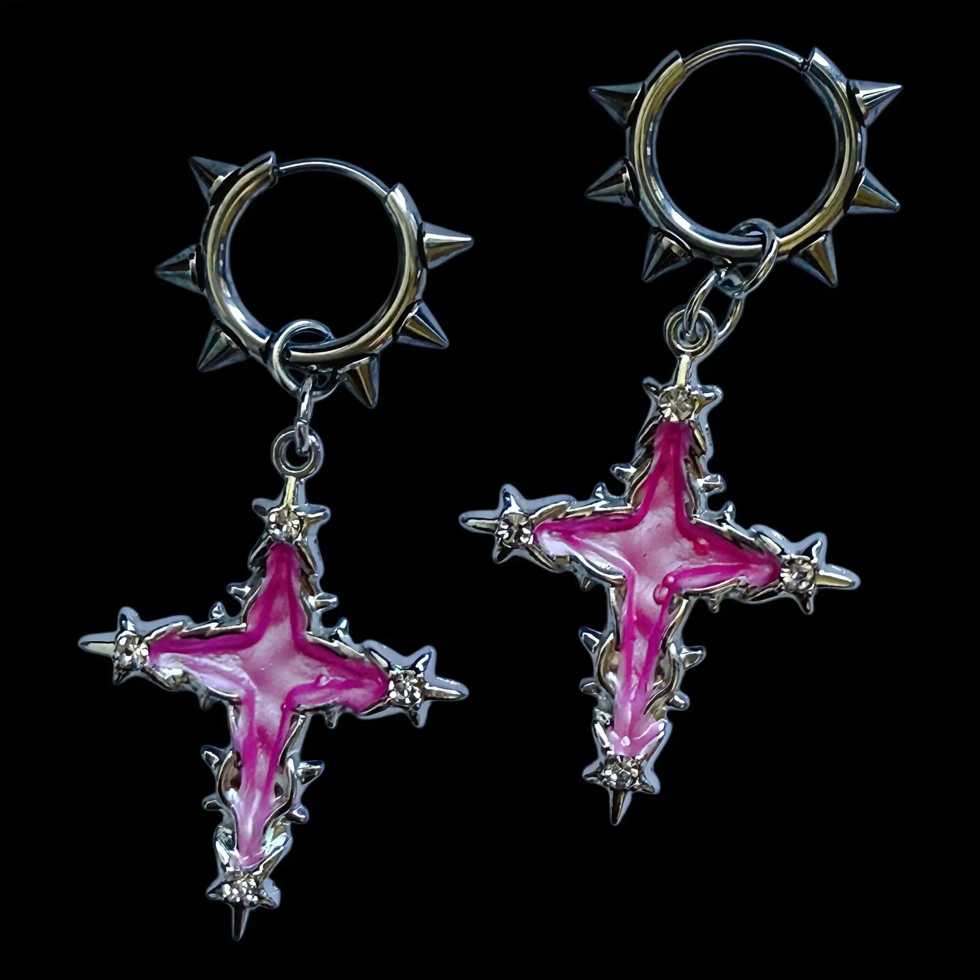 Y2K Punk Spike Rivet Hoop Earrings Pink Inverted Cross Dangle Earrings for Women Gothic Halloween Party Aesthetic Dark Jewelry