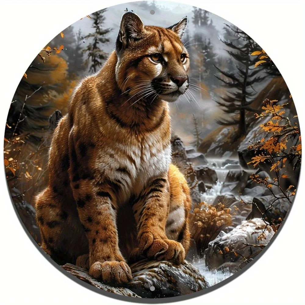 Classic Round Aluminum Sign, Vibrant Cougar Oil Painting, Landscape Art, Realistic Style, Door, Home Decor, Wall Decoration