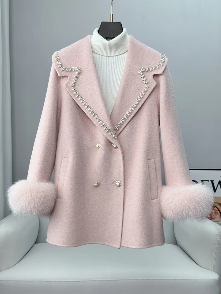 Suit collar double-sided alpaca fleece coat with studded beads, fashionable socialite, medium length fur double-sided woolen