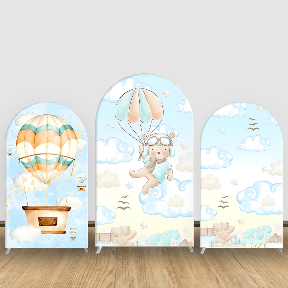 

Hot Air Balloon Bear Arch Backdrop for Kids Birthday Baby Boy Girl Shower Sky Clouds Photography Background Party Decorations