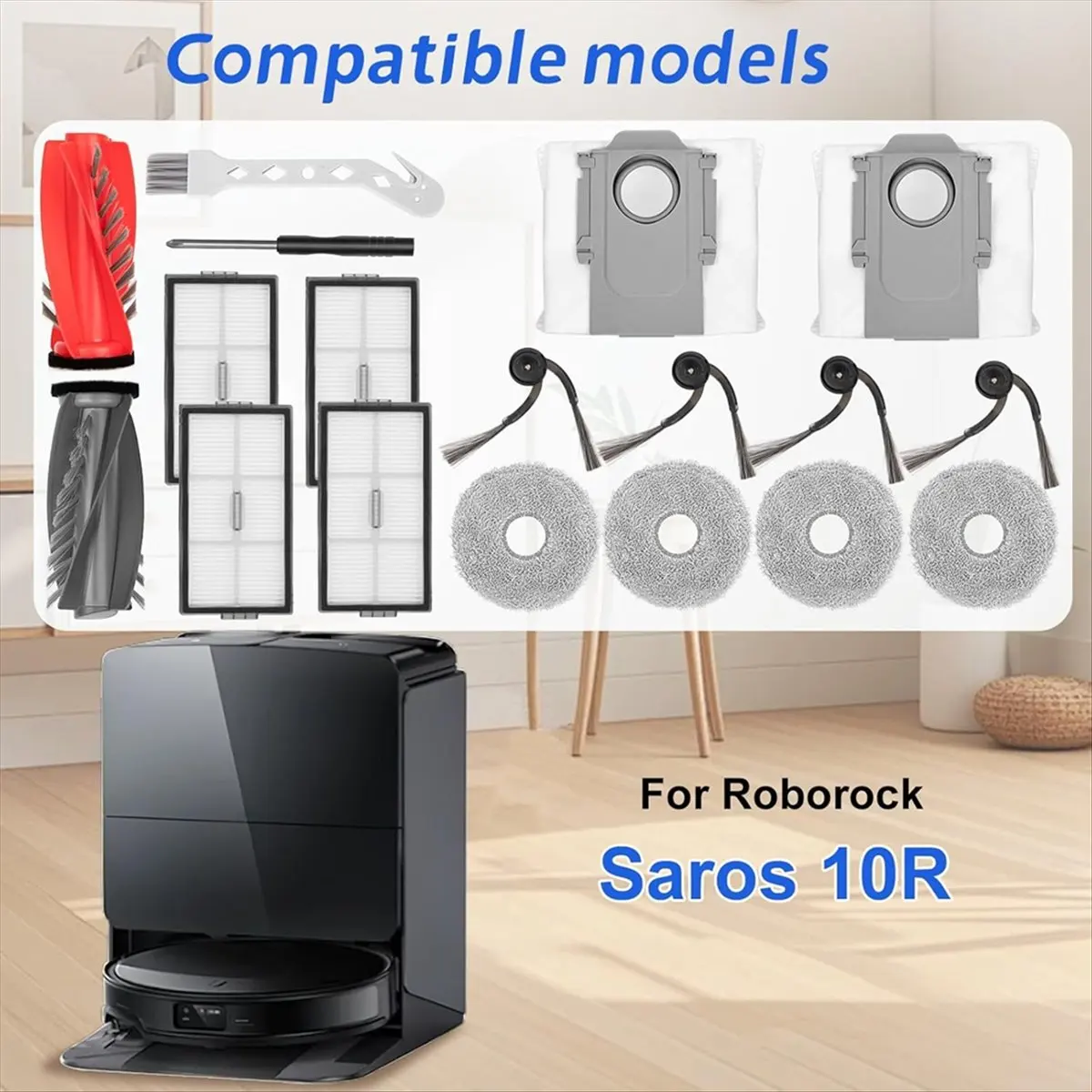 N14R Top 18 Pcs Replacement Part for Saros 10R Robot Vacuum,Main Brush,Side Brushes,HEPA Filters,Mop Pads, Dust Bags