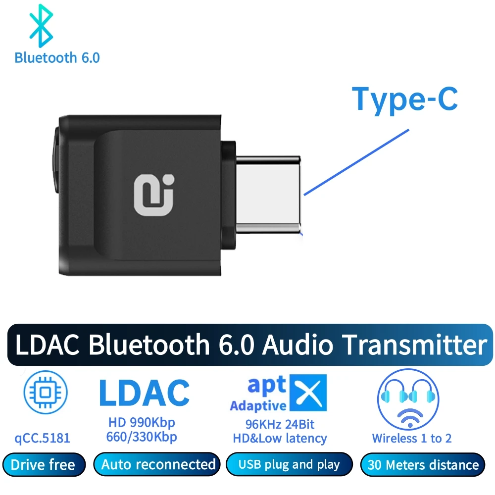 Transmetteur Bluetooth 6.0 type-c LDAC aptX sans perte/HD 96kHz/24bit, adaptateur sans fil 1 to2, double sortie pour téléphone, PC, TV, tablette