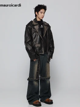 Mauroicardi Spring Cool Handsome Vintage Distressed Black Pu Leather Biker Jacket Men Belt Zipper Loose Unisex Clothes 2024 6 Mauroicardi Spring Cool Handsome Vintage Distressed Black Pu Leather Biker Jacket Men Belt Zipper Loose Unisex Clothes 2024 6