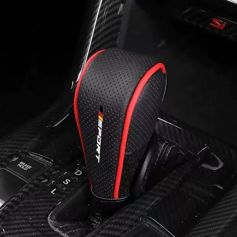German Sports Car Gear Shift Cover，Punching PU Leather Gear Shift Cover，Comfortable Grip Car Interior Upgrade Accessories