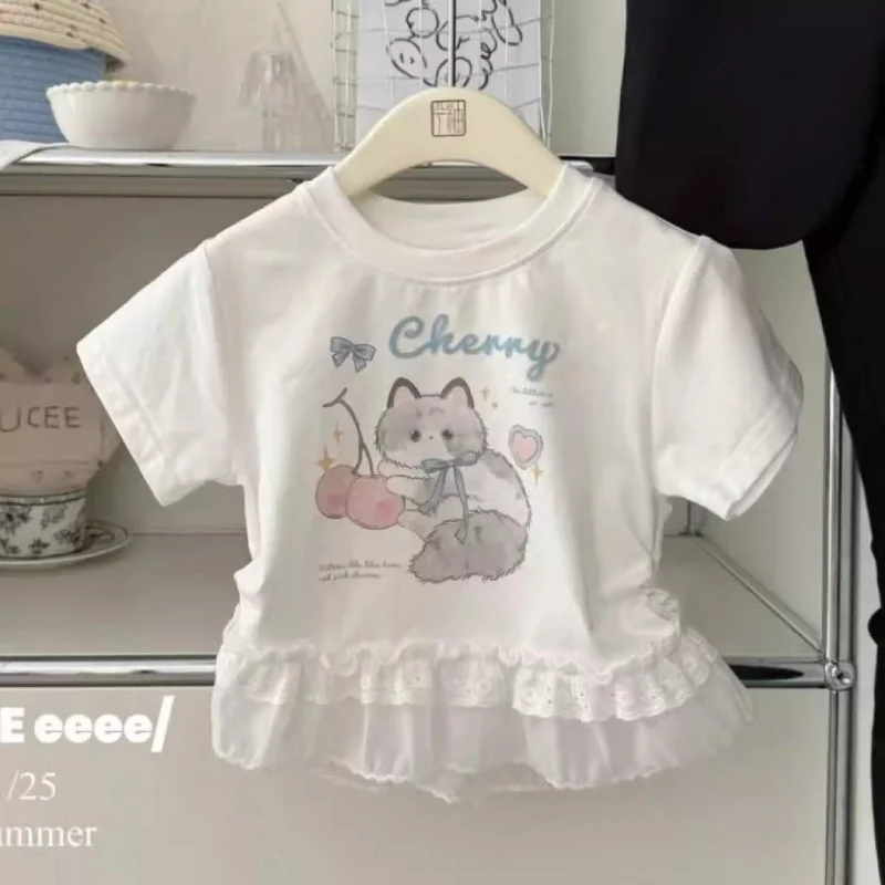 

Girls' Lace Trim Short SleeveTSummer New Cute Cartoon Printed Cat Baby Short Sleeve T-ShirtTT-shirt