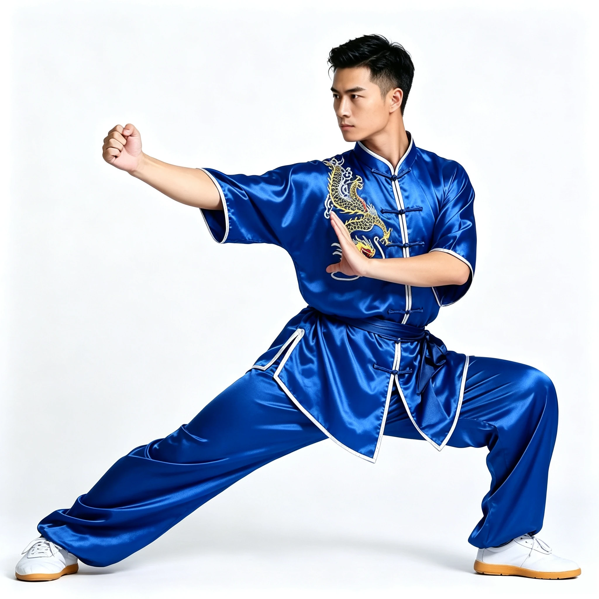 Mens Short Sleeve Wushu Kung Fu Uniform Dragon Embroidered Set Chinese Martial Arts Costume for Competition Training Gala