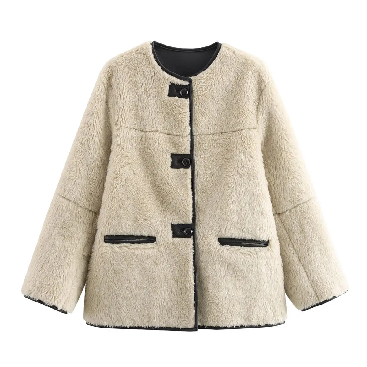 2026 Spring and Autumn Women's Jacket Round Neck Splicing Fake Fur Jacket