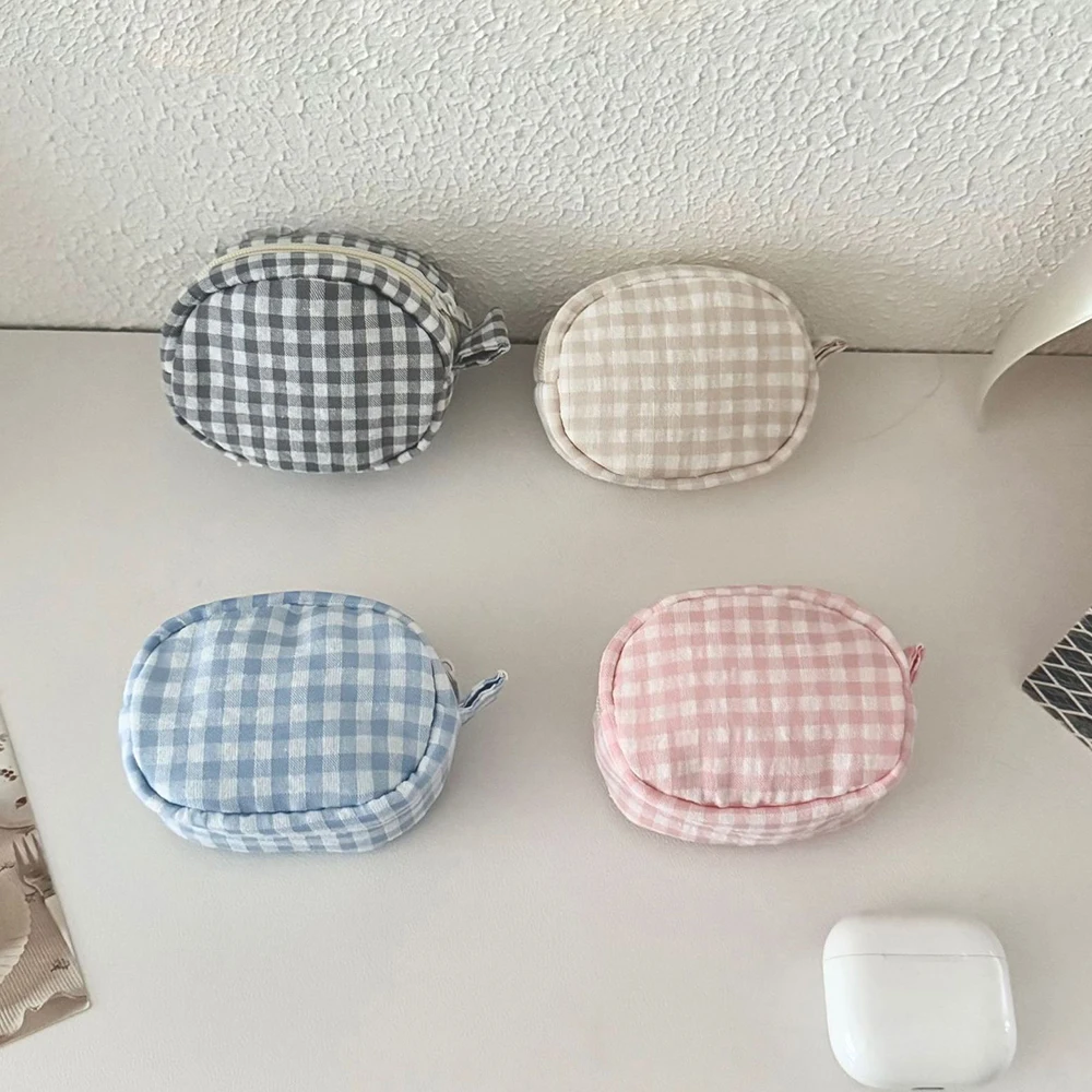 8pcs Coin Purses Cotton Grid Print Square Ear Line Short Storage Bag Mix Color