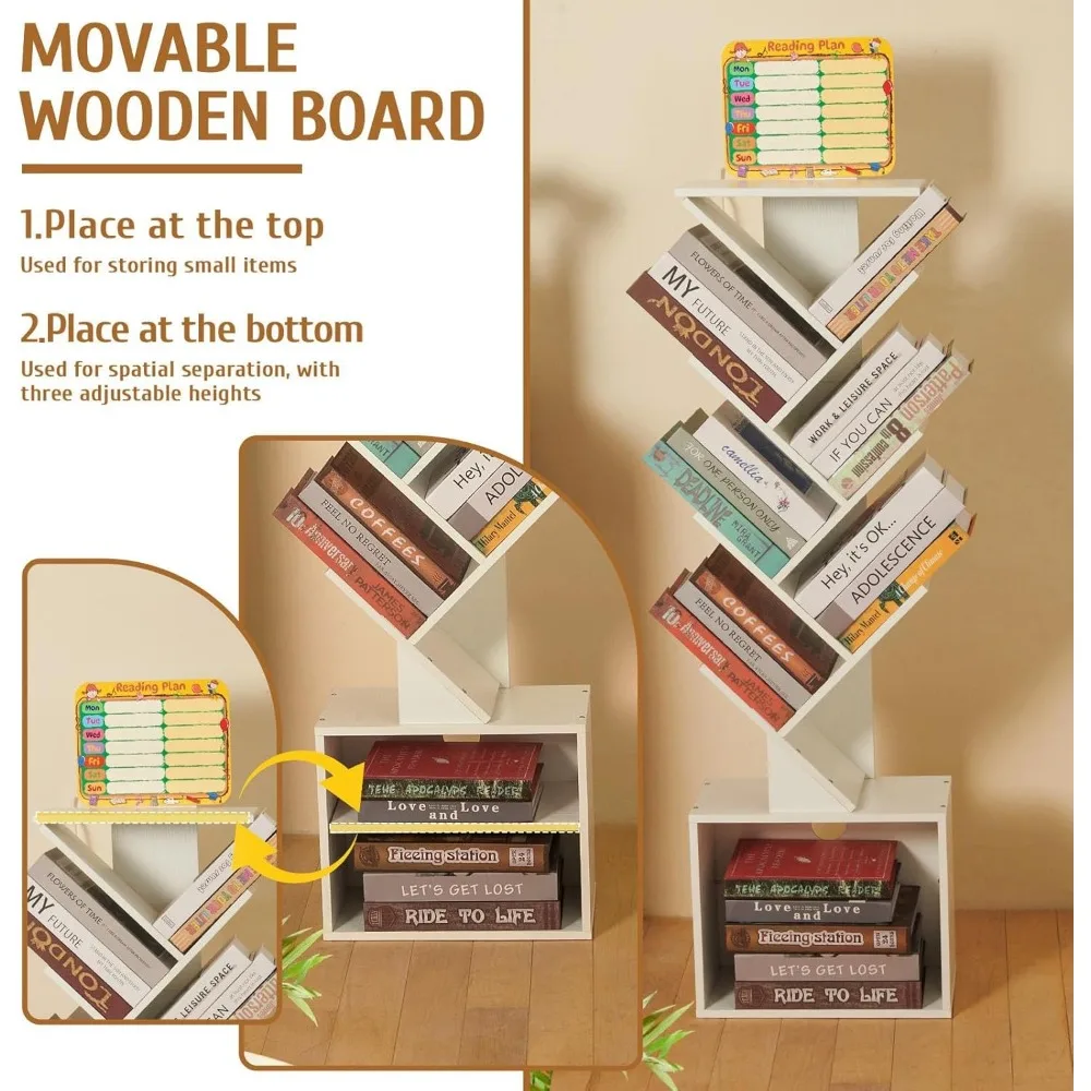 رف كتب على شكل شجرة من 7 طبقات، خزانة كتب صغيرة مع مخطط للقراءة ولوحة أنشطة، زاوية قائمة على الأرض حديثة، تخزين ضيق طويل القامة