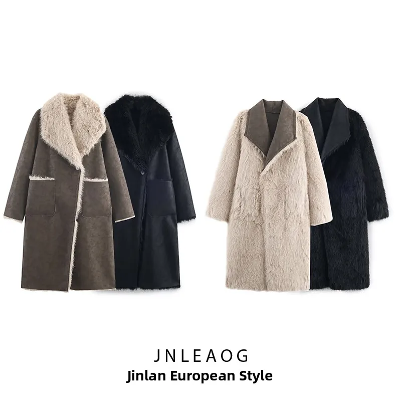 

Faionable Double-Sided Two-Way Wear Artificial Fur Effect Coat for Women Autumn New Sle Street Sle Loose Fit Long Sve