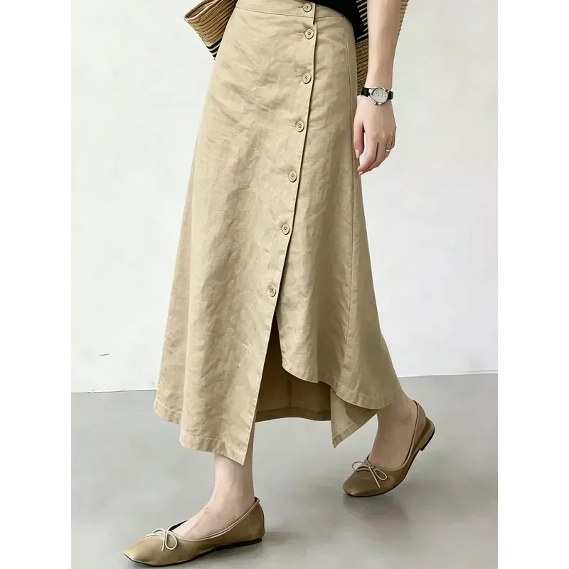 Women Linen High Waist Side Button Split Irregular Hem Midi A Line Long Skirt