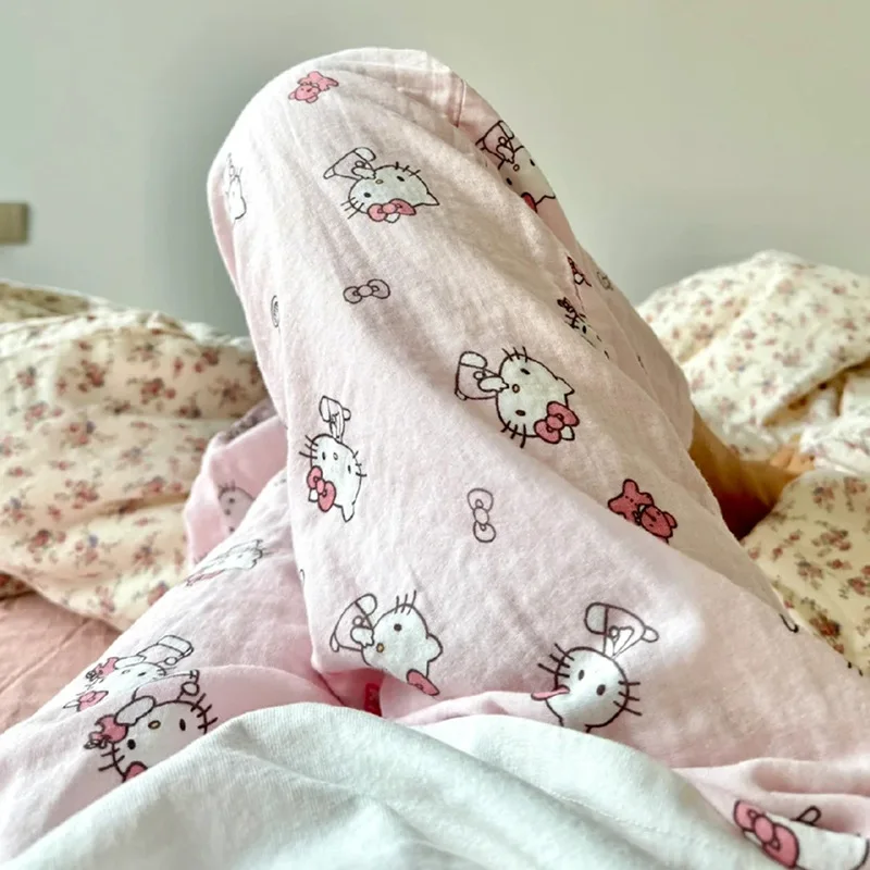 Sanrio celana piyama katun murni Hello Kitty celana lebar Kawaii celana kaki Kitty anak perempuan musim panas tipis pinggang tinggi kasual celana Hadiah