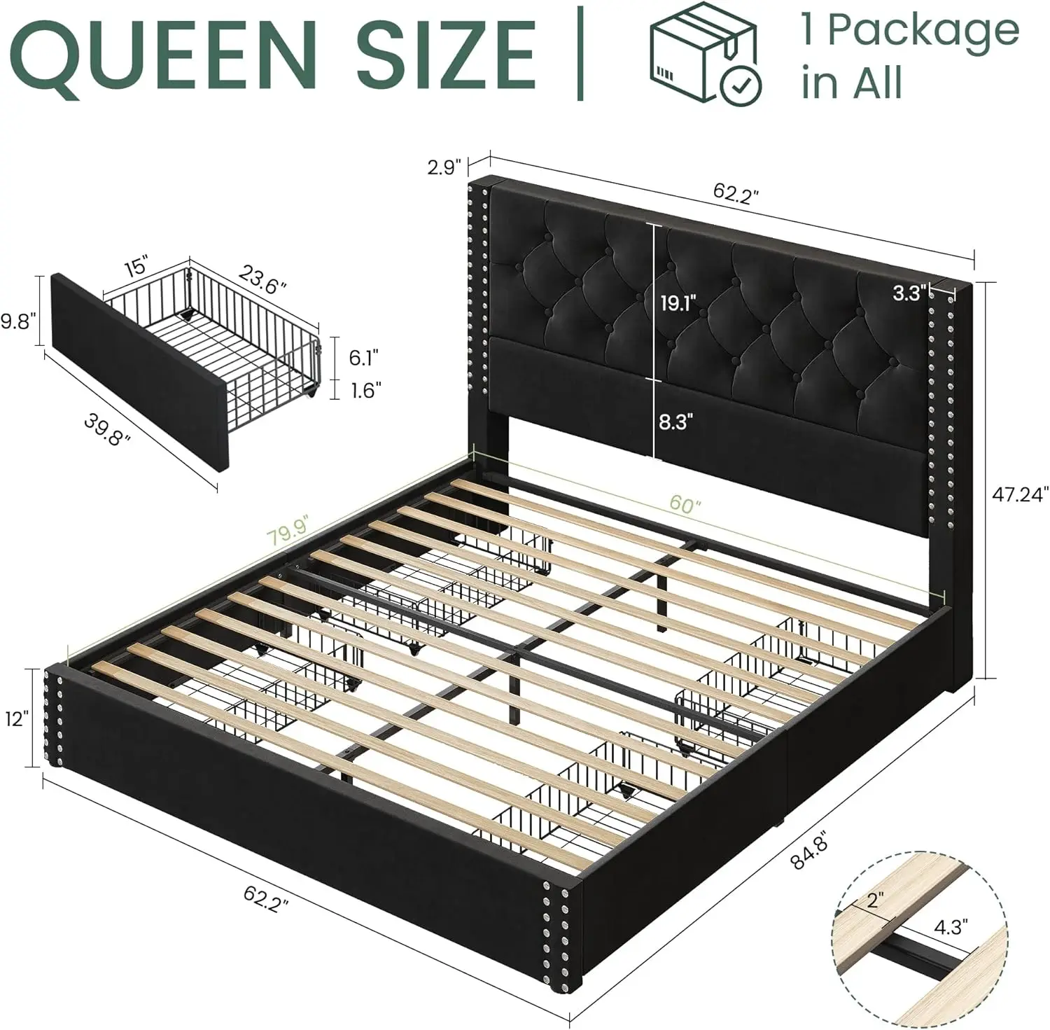 Plataforma de terciopelo tapizada para almacenamiento, marco de cama copetudo, cabecero de 4 cajones, listones de madera, soporte negro sin ruido, tamaño Queen