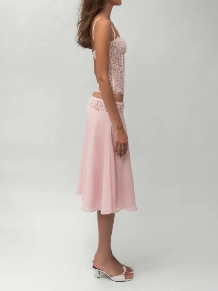 Chic Pink Lace Corset Two-Piece Set Women Sexy Spaghetti Strap Top Flowy Satin Midi Skirt Summer Party Evening Cocktail Outfit view 5