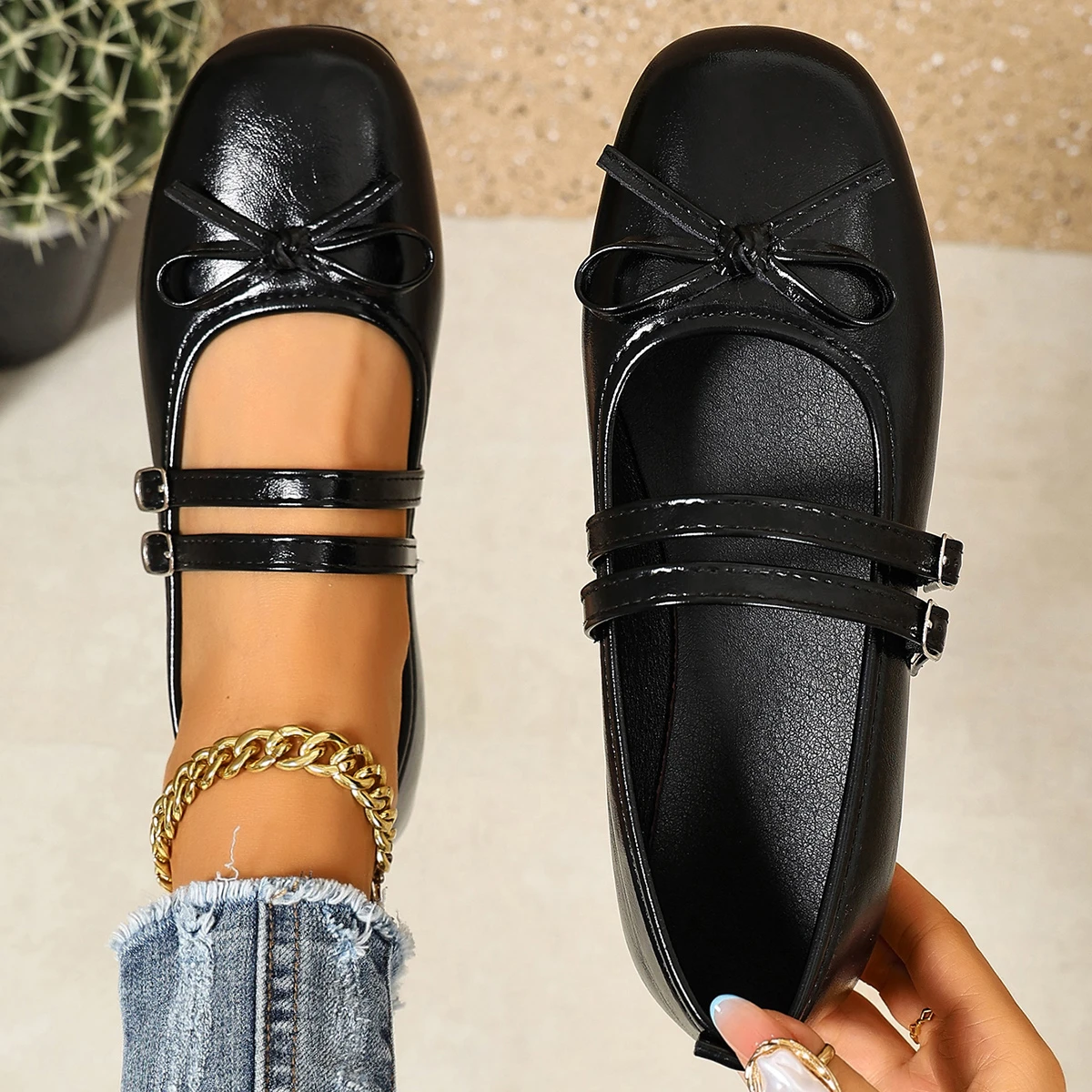 Women Bow Mary Jane Flat Shoes 2026 New Double Strap Buckle Round Toe Patent Leather Sweet Retro Ballet Dress Shoes for Women
