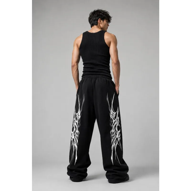 Gothic Horde Totem Wide Leg Sports Pants for WomenY2K Dark Street Style Loose Straight Running Pants Harikurus Punk Casual Pants