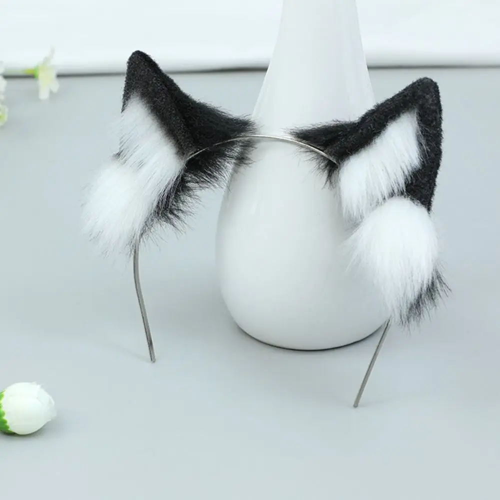 

Hairband 20cm Plush Doll Headwear Ear Black White Cat Wolf Ears Idol Doll Headwear Cat Ear Tails Soft Headwear for Cotton Doll